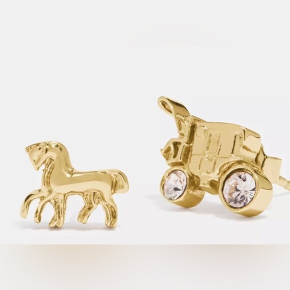 Coach pave gold plated Horse And Carriage CZ crystal Stud Earrings new - Picture 2 of 4